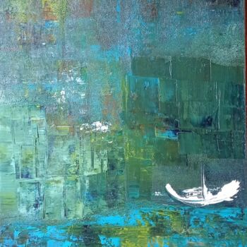 Painting titled "Ma barque" by Sylvie Bisson, Original Artwork, Oil Mounted on Wood Stretcher frame