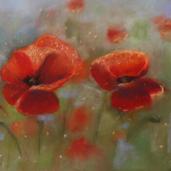 Disegno intitolato "Coquelicots dans le…" da Sylvie Blandin, Opera d'arte originale, Pastello