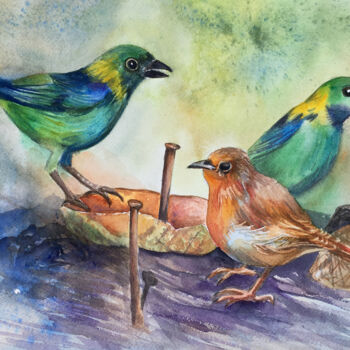 Painting titled "Les oiseaux verts" by Sylvie Boulet, Original Artwork, Watercolor