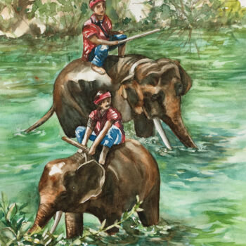 Schilderij getiteld "Les éléphants de Th…" door Sylvie Boulet, Origineel Kunstwerk, Aquarel