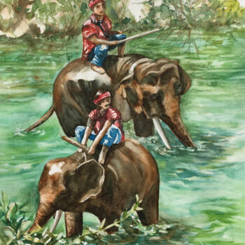 Painting titled "Les éléphants de Th…" by Sylvie Boulet, Original Artwork, Watercolor