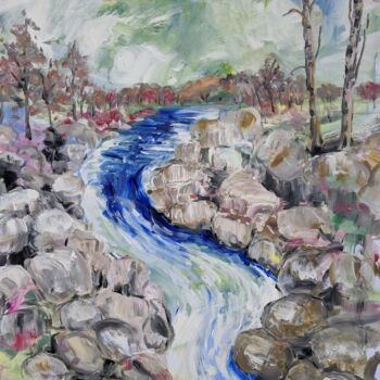 Painting titled "River and Rocks" by Sylvie Carter, Original Artwork, Acrylic
