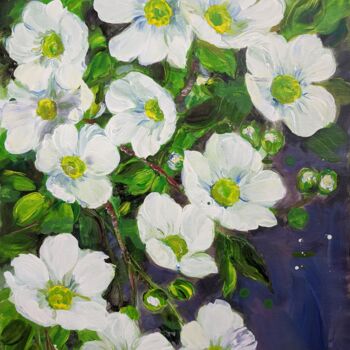 Painting titled "White Anemone" by Sylvie Carter, Original Artwork, Acrylic