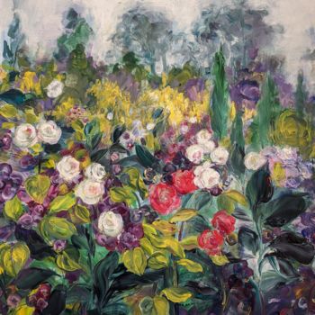 Pittura intitolato "Rose Garden with Tr…" da Sylvie Carter, Opera d'arte originale, Acrilico