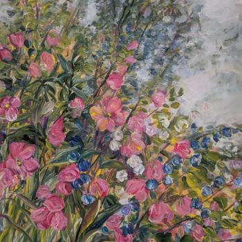 Pittura intitolato "Garden View with Pi…" da Sylvie Carter, Opera d'arte originale, Acrilico