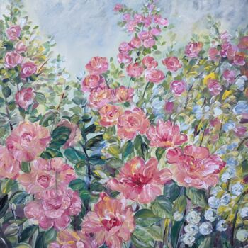Картина под названием "Romantic Rose Garden" - Sylvie Carter, Подлинное произведение искусства, Акрил