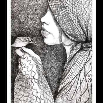 Drawing titled "птица" by Sylvie Chauvin, Original Artwork, Pencil