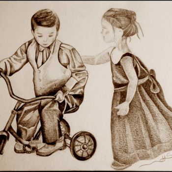 图画 标题为“La leçon de vélo” 由Sylvie Chauvin, 原创艺术品, 铅笔