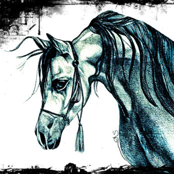 Drawing titled "Cheval bleu" by Sylvie Chauvin, Original Artwork, Pencil