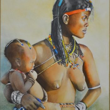 Schilderij getiteld "Maternité en Namibie" door Sylvie Griselle, Origineel Kunstwerk