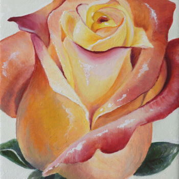 Painting titled "Rose irisée jaune" by Sylvie Hiernard, Original Artwork, Oil