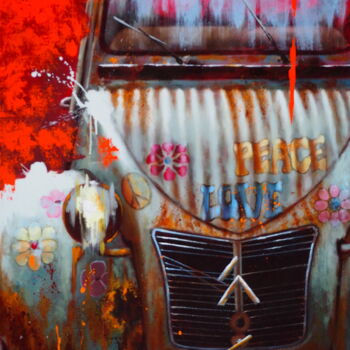 Painting titled "2 CV Flower Power" by Sylvie Julkowski-Egard, Original Artwork, Oil Mounted on Wood Stretcher frame