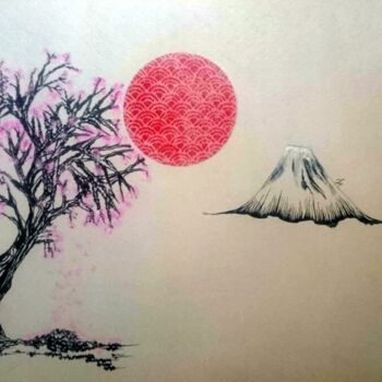 Painting titled "Mont Fuji" by Sylvie Léandre, Original Artwork, Acrylic Mounted on Wood Panel