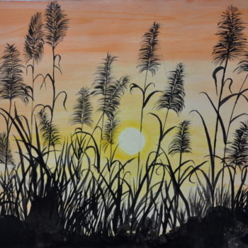 Peinture intitulée "coucher de soleil" par Sylvie Léandre, Œuvre d'art originale, Gouache