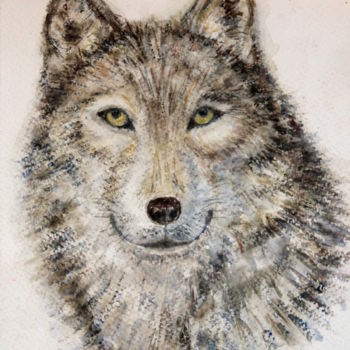 Painting titled "loup gris" by Sylvie Ollivier, Original Artwork, Watercolor