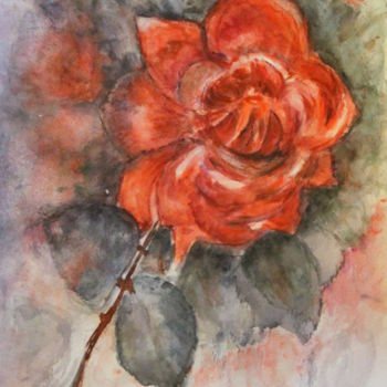 Pintura intitulada "rose  rouge" por Sylvie Ollivier, Obras de arte originais, Aquarela
