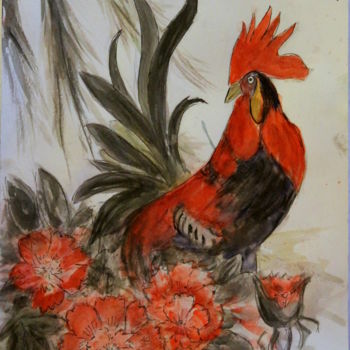 Рисунок под названием "coq chinois" - Sylvie Ollivier, Подлинное произведение искусства, Чернила