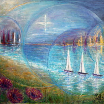 Painting titled "bulles marines" by Sylvie Ollivier, Original Artwork, Oil