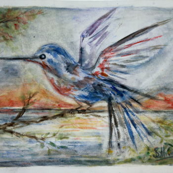 Painting titled "envol d'oiseau" by Sylvie Ollivier, Original Artwork, Watercolor