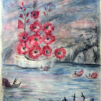 Painting titled "bateau fleuri de Sa…" by Sylvie Ollivier, Original Artwork, Watercolor