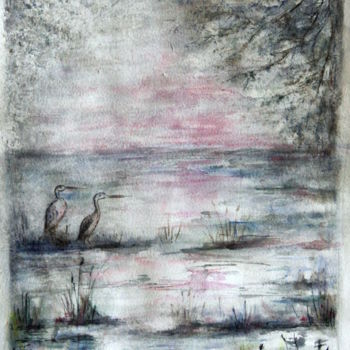 Ζωγραφική με τίτλο "marécage aux oiseaux" από Sylvie Ollivier, Αυθεντικά έργα τέχνης, Ακουαρέλα