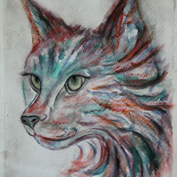 Painting titled "chat en couleur" by Sylvie Ollivier, Original Artwork, Watercolor