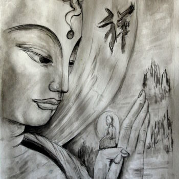 Drawing titled "statue du boudha" by Sylvie Ollivier, Original Artwork, Conté