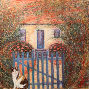 Painting titled "maison-a-la-barrier…" by Sylvie Ollivier, Original Artwork, Oil