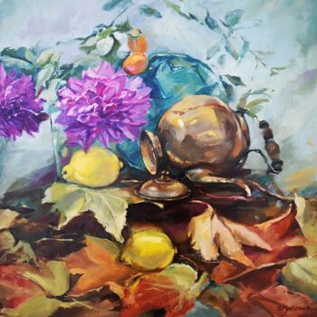 Painting titled "nature morte aux da…" by Sylvie Malbrunot, Original Artwork, Oil Mounted on Wood Stretcher frame