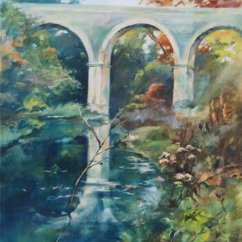 Painting titled "Pont" by Sylvie Malbrunot, Original Artwork, Oil Mounted on Wood Stretcher frame