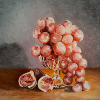 Painting titled "Raisins et figues" by Sylvie Mespoulhé, Original Artwork, Oil Mounted on Wood Stretcher frame