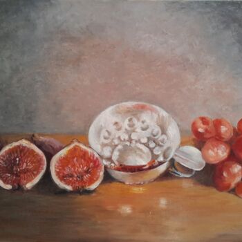 Peinture intitulée "Figues, tastevin et…" par Sylvie Mespoulhé, Œuvre d'art originale, Huile Monté sur Châssis en bois