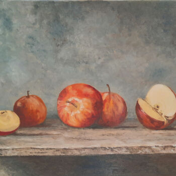 Painting titled "Les pommes" by Sylvie Mespoulhé, Original Artwork, Oil Mounted on Wood Stretcher frame
