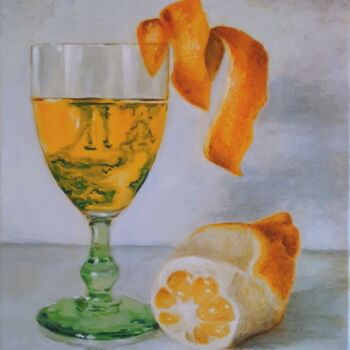 Painting titled "verre et citron" by Sylvie Mespoulhé, Original Artwork, Oil Mounted on Wood Stretcher frame