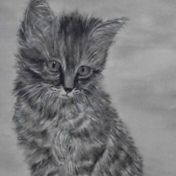 Painting titled "chaton gris" by Sylvie Pinon, Original Artwork, Acrylic Mounted on Wood Stretcher frame