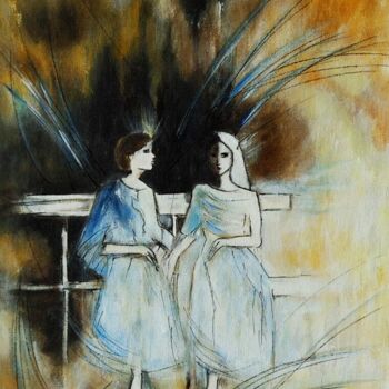 Pintura titulada "2 anges sur le banc" por Sylvie Pinon, Obra de arte original, Acrílico Montado en Cartulina