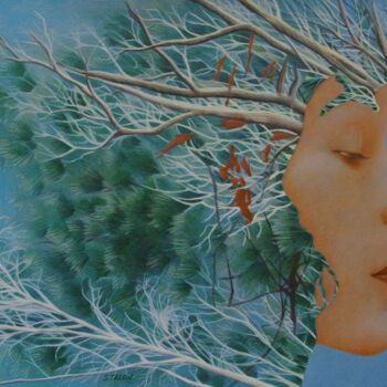 Tekening getiteld "Bleue la forêt" door Sylvie Talon, Origineel Kunstwerk, Potlood