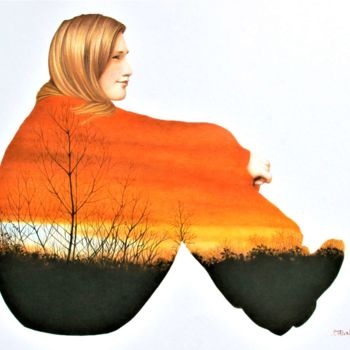 Desenho intitulada "Guetteuse" por Sylvie Talon, Obras de arte originais, Lápis