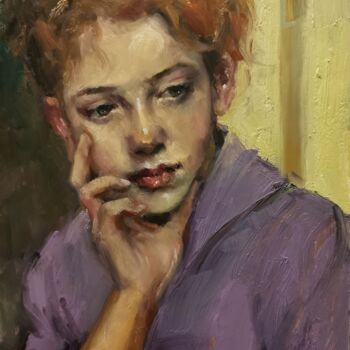 Painting titled "Pensive" by Sylvie Vanlerberghe, Original Artwork, Oil