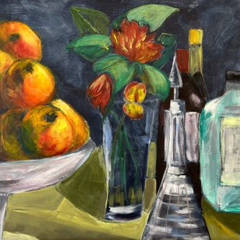 Painting titled "Pommes fleurs et Bo…" by Sylvie Vedel, Original Artwork, Oil