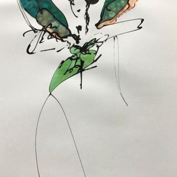 Drawing titled "Green butterfly" by Lili Ks, Original Artwork, Ink