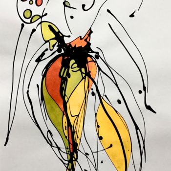 Рисунок под названием "La feuille jaune" - Lili Ks, Подлинное произведение искусства, Чернила