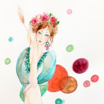 Peinture intitulée "Femme à l’épi de blé" par Lili Ks, Œuvre d'art originale, Aquarelle