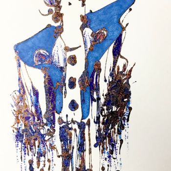 Рисунок под названием "Blue splash and gli…" - Lili Ks, Подлинное произведение искусства, Чернила