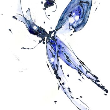 Dessin intitulée "Elle voyage en bleu" par Lili Ks, Œuvre d'art originale, Aquarelle
