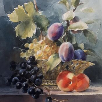 Pintura intitulada "Prunes Baroques" por Sylvie Vernageau, Obras de arte originais, Aquarela