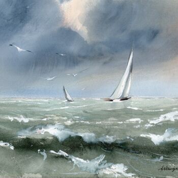 Painting titled "Course de voiliers 1" by Sylvie Vernageau, Original Artwork, Watercolor