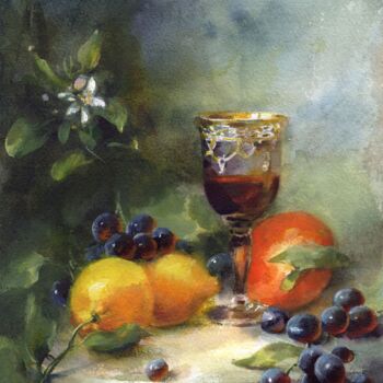 Painting titled ""Citron et verre do…" by Sylvie Vernageau, Original Artwork, Watercolor