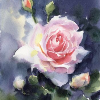 Painting titled "Rose 7" by Sylvie Vernageau, Original Artwork, Watercolor