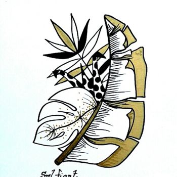 Dessin intitulée "Feuilles tropicales" par Sylvie Fiant, Œuvre d'art originale, Encre